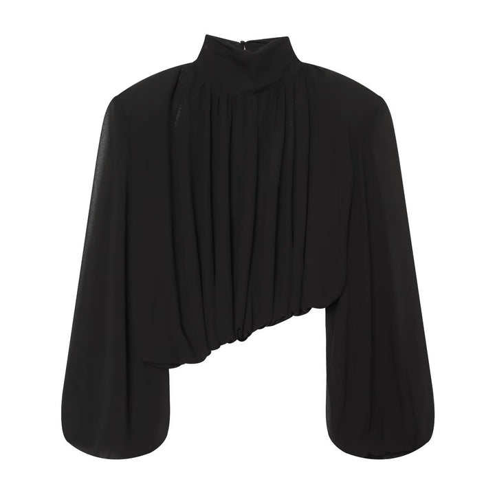 Ladies Pleated Blouse with Stand Collar and Balloon Sleeves Amarae