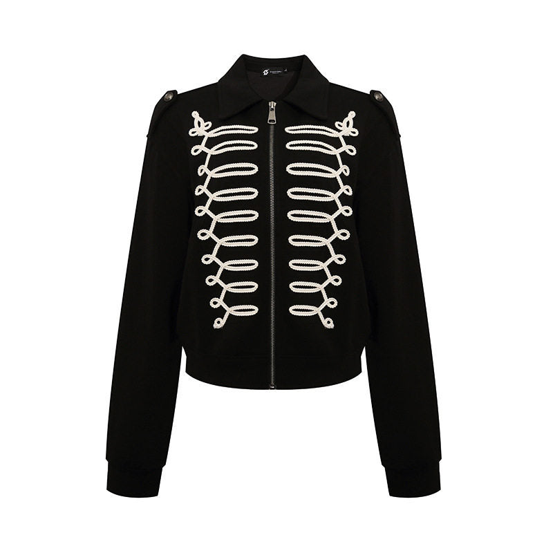 Ladies sweat jacket with decorative drawstring, zipper and shoulder patches Amarae