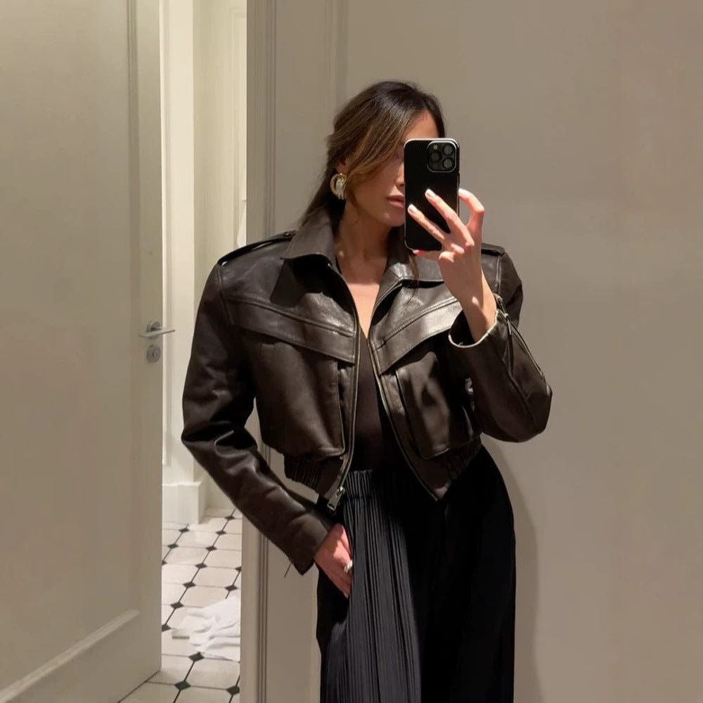 Women's short-cut leather jacket with elastic hem and patch chest pockets Amarae