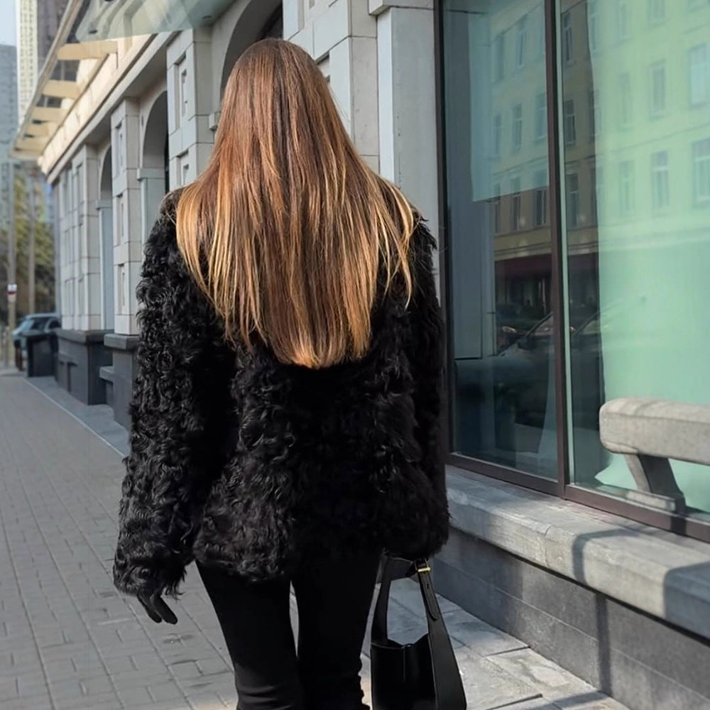 Women's Boxy Short Coat made of crinkled Faux Fur with structured wave pattern and open front Amarae