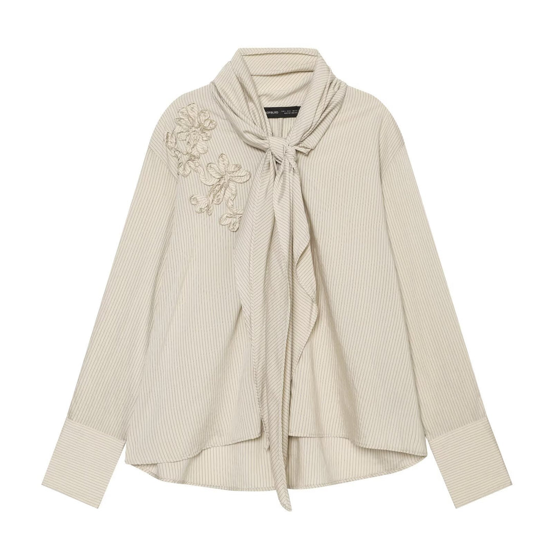 Ladies blouse with necktie collar, fine pinstripe and floral appliqué Amarae
