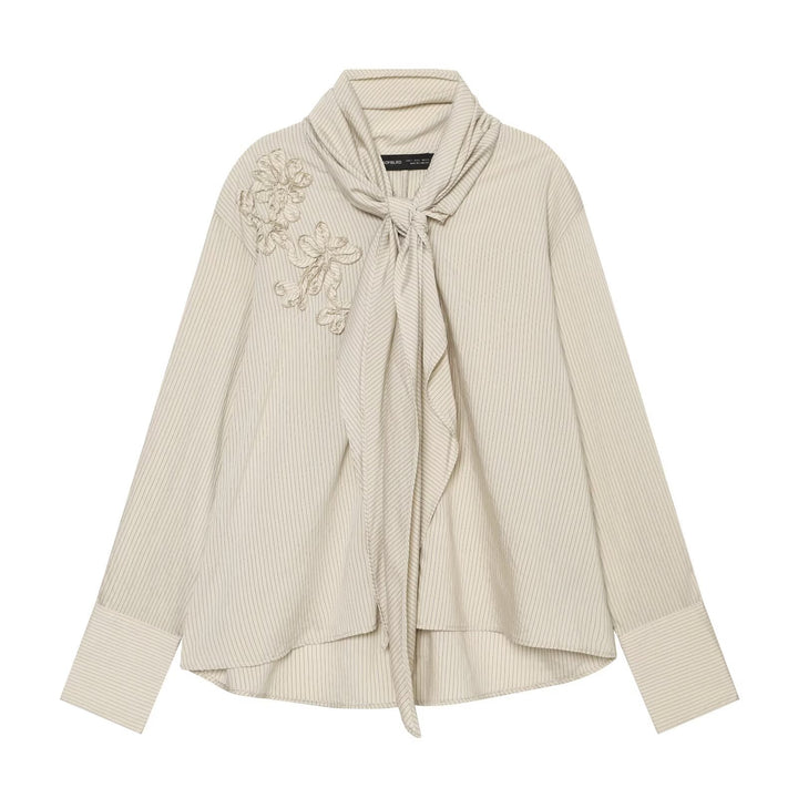 Ladies blouse with necktie collar, fine pinstripe and floral appliqué Amarae