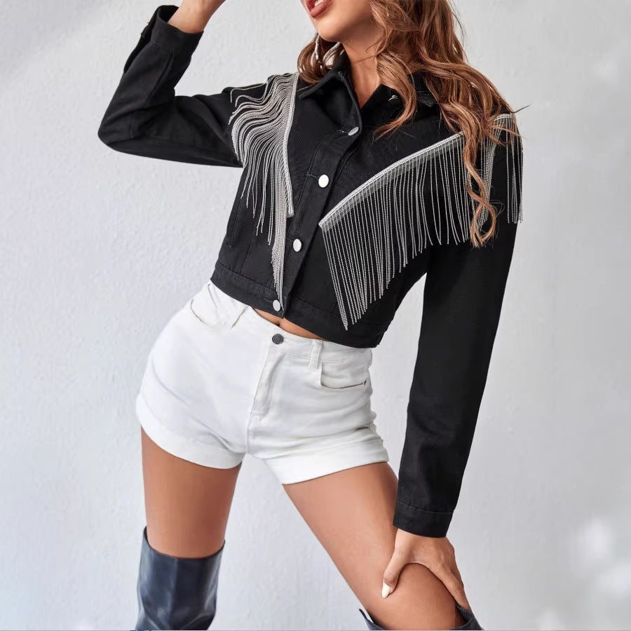 Women short cut denim jacket with silver fringes and button placket Amarae