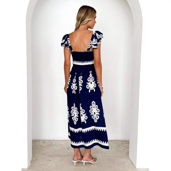 Women's maxi dress with floral embroidery and ruffle details Lune London