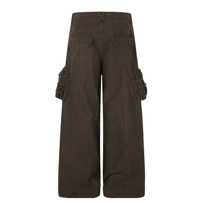 Women's wide utility cargo pants with gathered side pockets and decorative seams Amarae