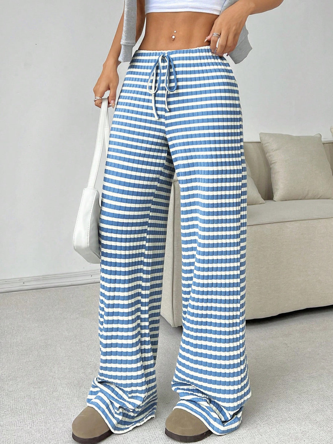 Women’s Casual Wide-Cut Striped Trousers with Elastic Waist Lune London