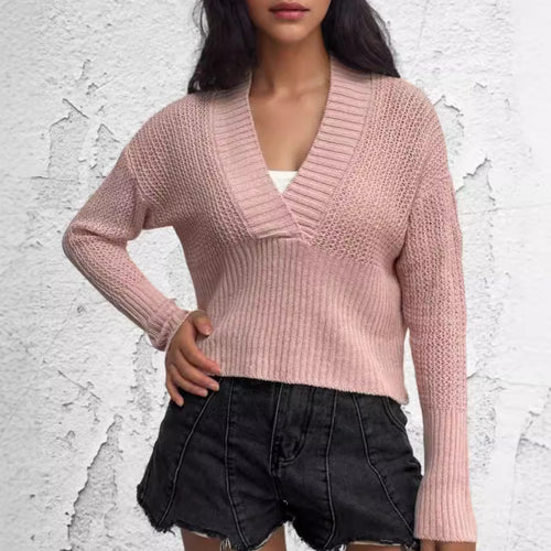Women trendy knit sweater with a casual V-neck and a fine ribbed design Amarae