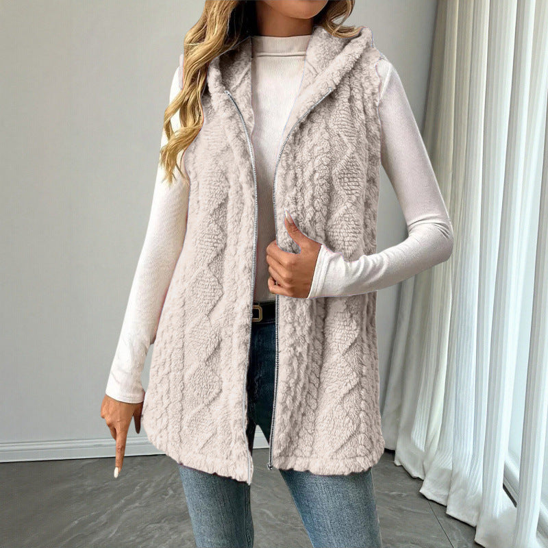 Women's Hooded Teddy Vest with Zipper and Structured Knit Look Amarae