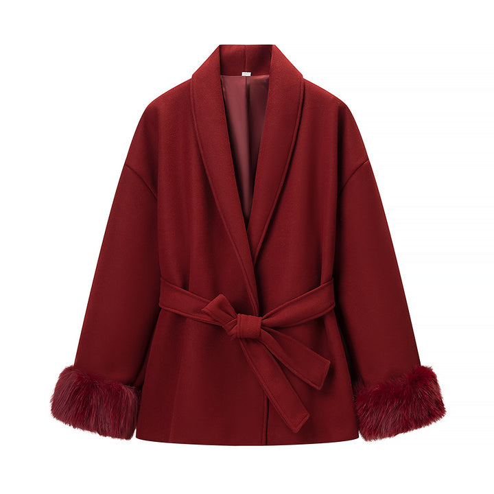 Women's Oversized Wrap Coat with Shawl Collar and Fur Trim on the Sleeves Amarae