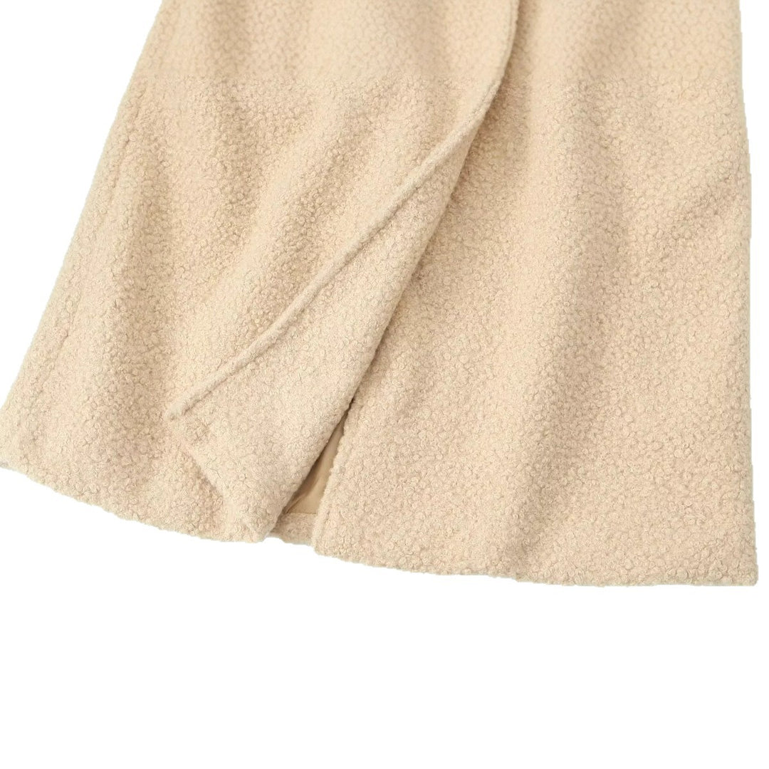 Women Long Teddy Coat in Trench Style with Double-Breasted Button Placket, Tied Belt, and Adjustable Cuffs Amarae
