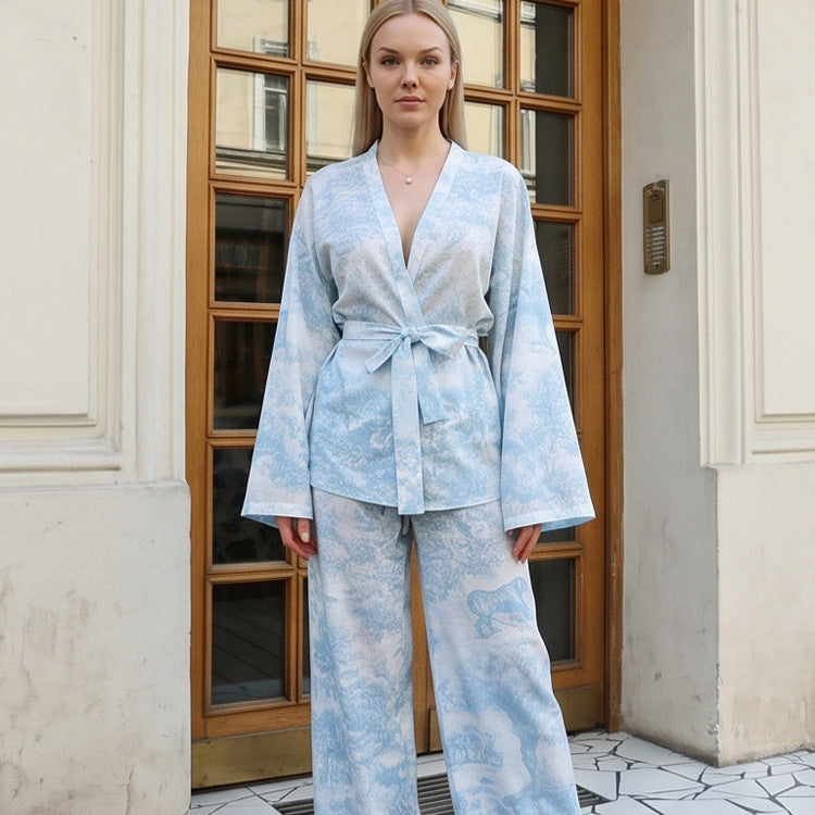 Women's Two-Piece Wrap Set in Kimono Style with Wide Leg Amarae