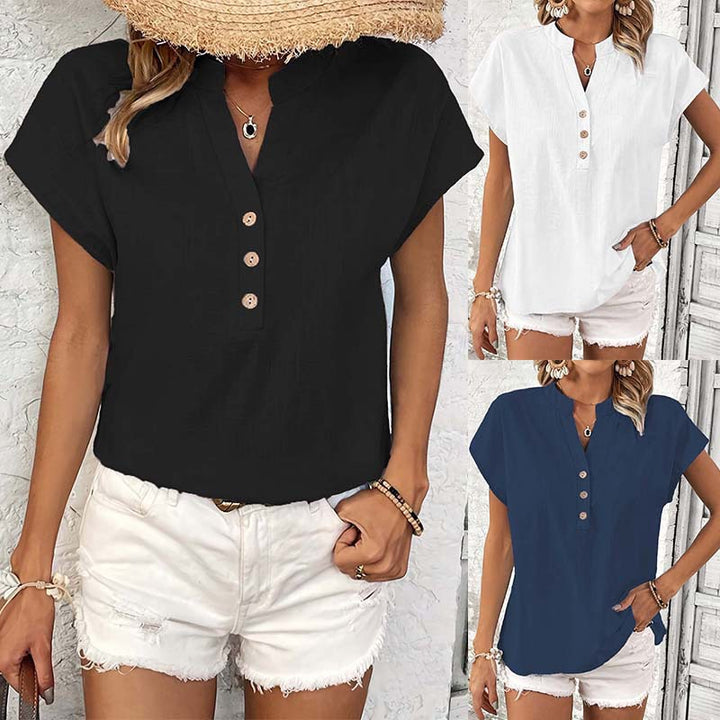 Women highly stylish short sleeve t-shirt with button details and trendy high collar Lune London