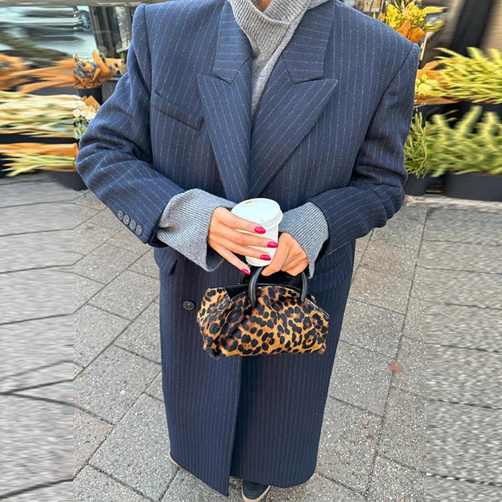 Women's maxi coat in pinstripe look with double-breasted button placket and lapel collar Amarae