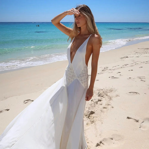Women’s long sleeve maxi dress with a refined V-neckline and artistic lace ornament Amarae