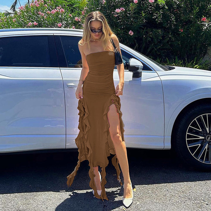 Women Elegant Split Maxi Dress with Chic Ruffles and Style