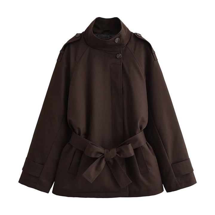 Women's Short Cape Trench Coat with Stand-up Collar, Shoulder Straps and Belt Amarae