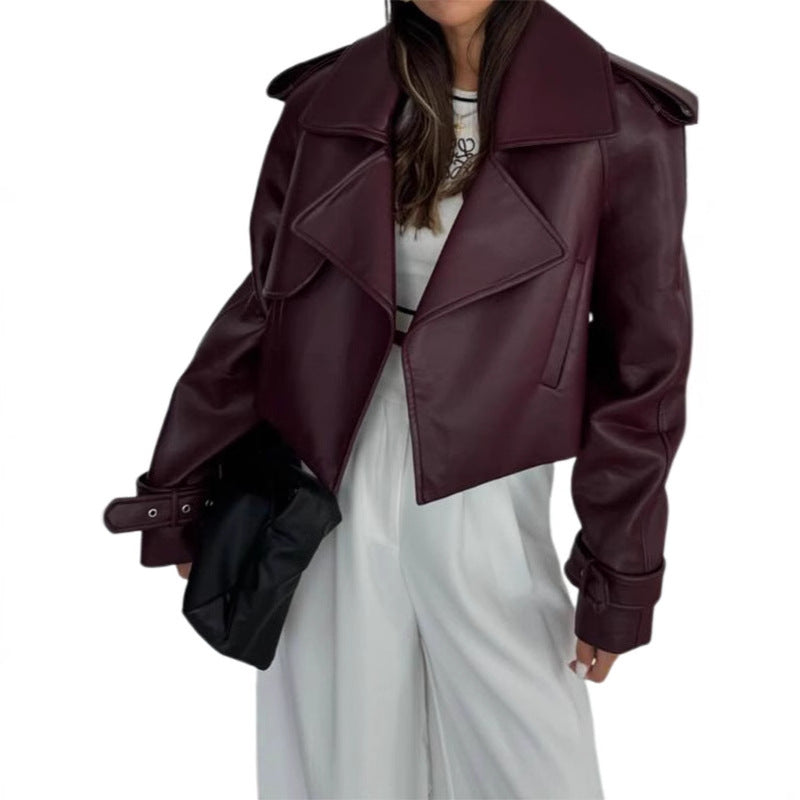 Women's faux leather jacket, trendy, with an oversized fit and wide collar Lune London