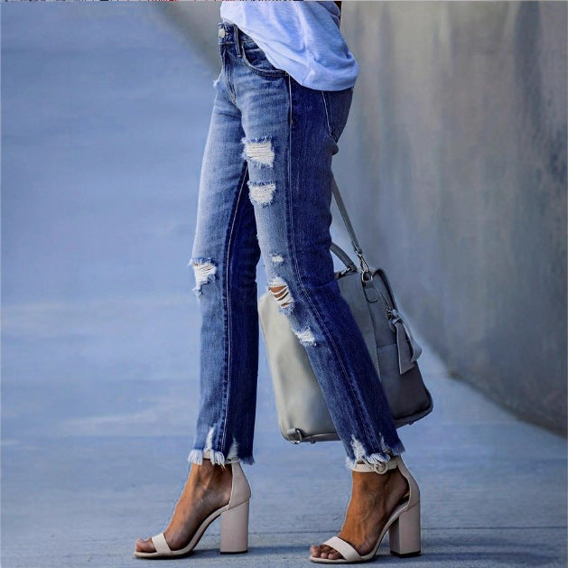 Ladies ankle-length straight-cut destroyed jeans with high waist and frayed hem Amarae