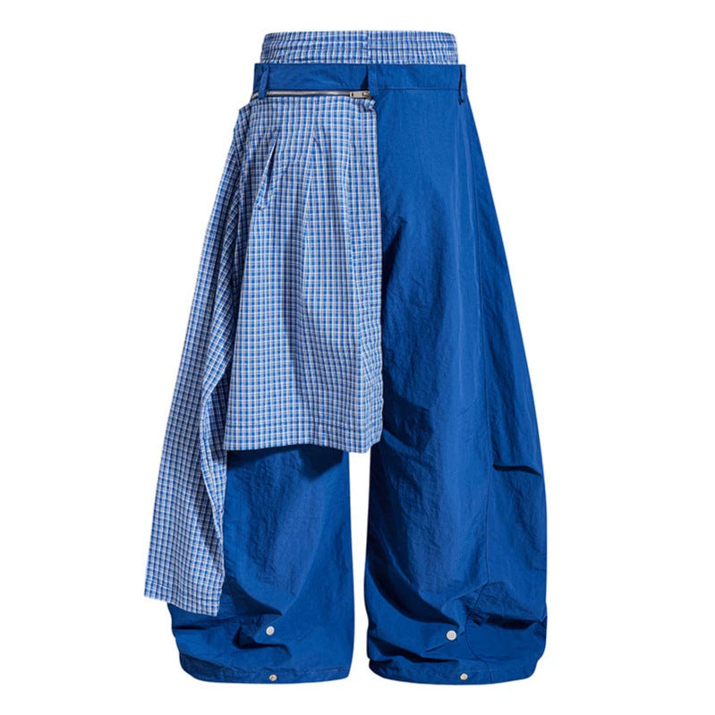 Women's wide baggy pants with asymmetrical check side panel and drawstring Amarae