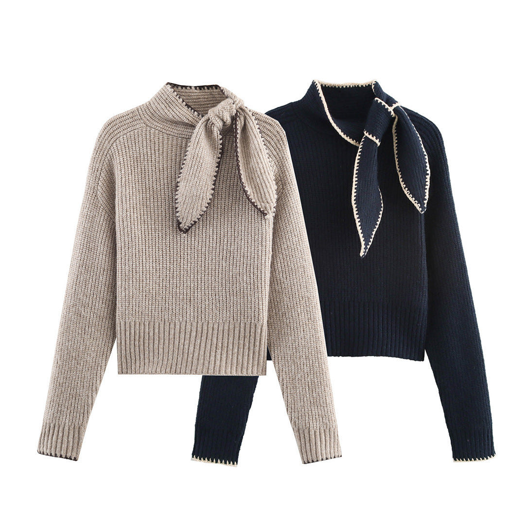Women's Short-Cut Ribbed Knit Sweater with High Collar and Integrated Knot Scarf Amarae