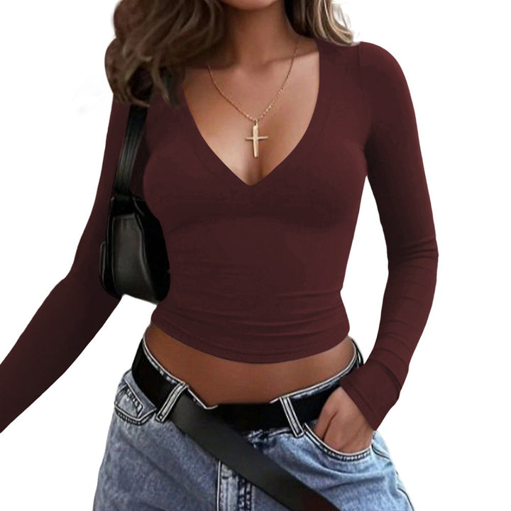 Chemise ajustée à manches longues pour femmes avec col en V et matériau élastique Chic & Stil