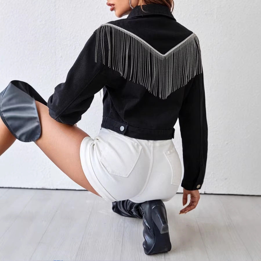 Women short cut denim jacket with silver fringes and button placket Amarae