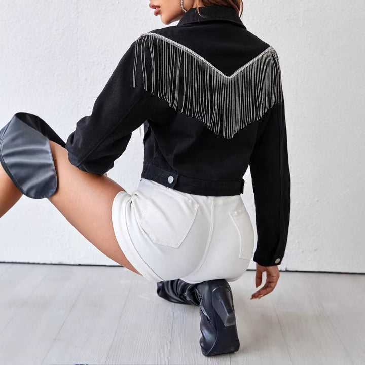 Women short cut denim jacket with silver fringes and button placket Amarae