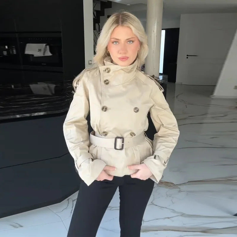 Ladies elegant short trench coat with double-breasted and belt Lune London