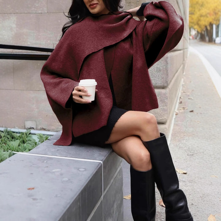 Women's Short Cape Jacket in Layered Look made of Wool Blend with Wide Batwing Sleeve Amarae