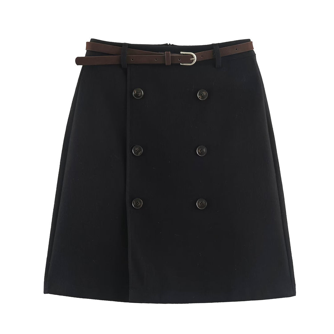 Women's midi skirt in A-line cut with double-breasted button placket and waist belt Amarae
