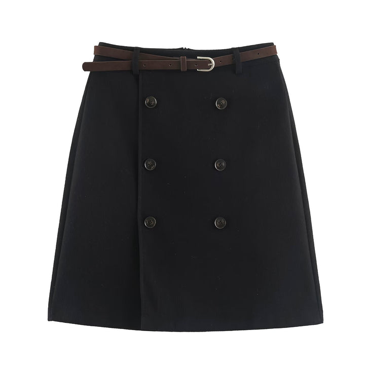 Women's midi skirt in A-line cut with double-breasted button placket and waist belt Amarae
