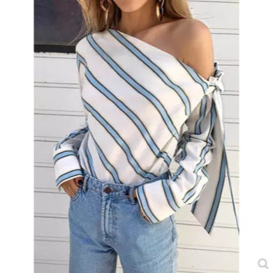 Woman Striped off-shoulder top with tie Lune London
