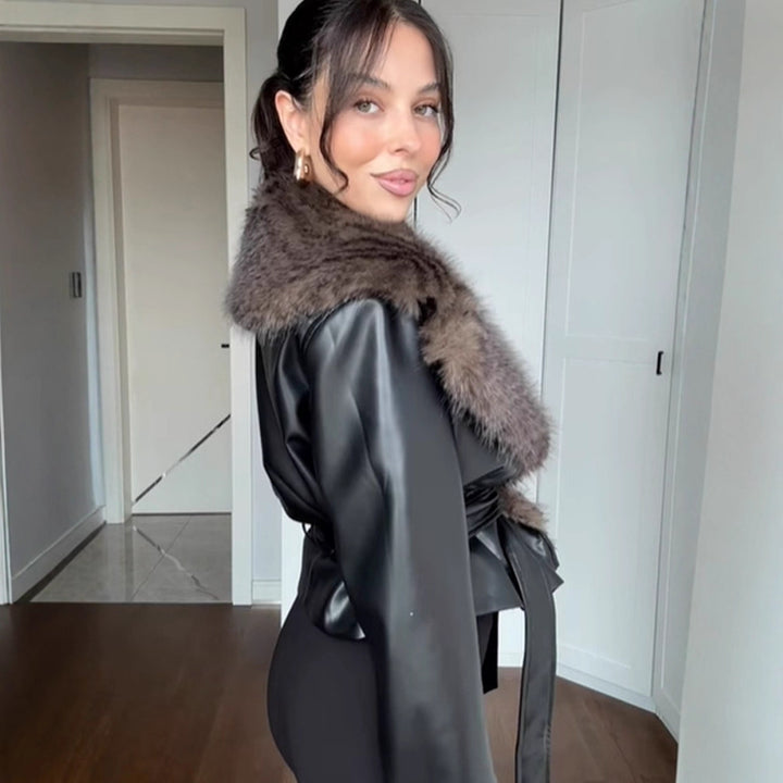 Women's short jacket in biker blouson style made of imitation leather with voluminous faux fur shawl collar and waist belt Amarae