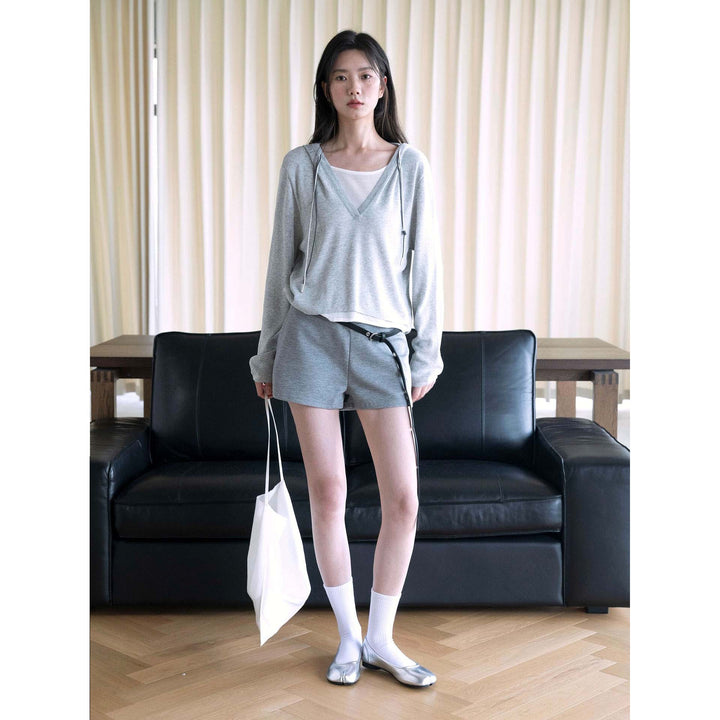 Women's fine knit sweatshirt with deep V-neckline and drawstring hood Amarae