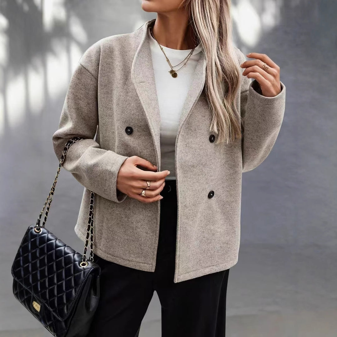 Elegant wool jacket for women with a chic look featuring a double-breasted button row Lune London