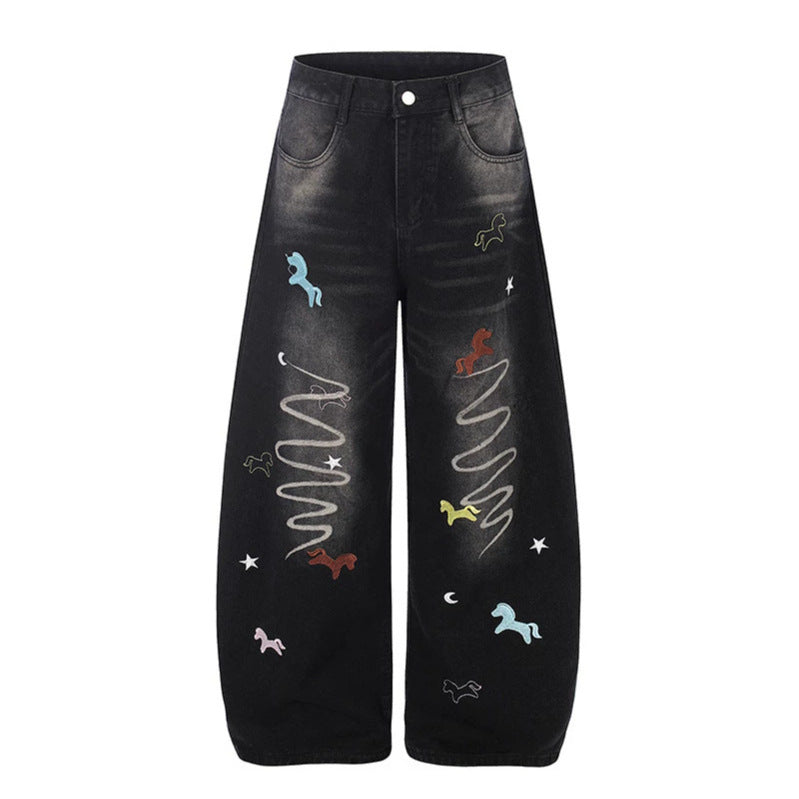 Ladies Wide High-Waist Palazzo Pants made of Denim with Horse Embroidery and Culotte Cut Amarae