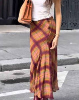 Women Flowing Checked Maxi Skirt with Tailored Trumpet Silhouette Amarae