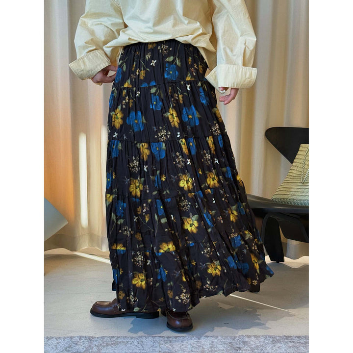Women's Long Tiered Skirt with Pleated Ruffles and Floral Print Amarae