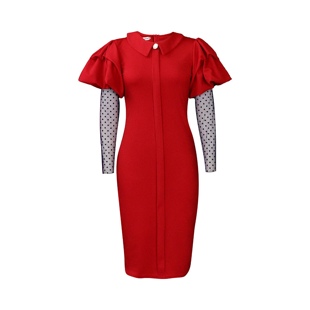 Sheath dress for ladies with puff sleeves and polka dot inserts Lune London