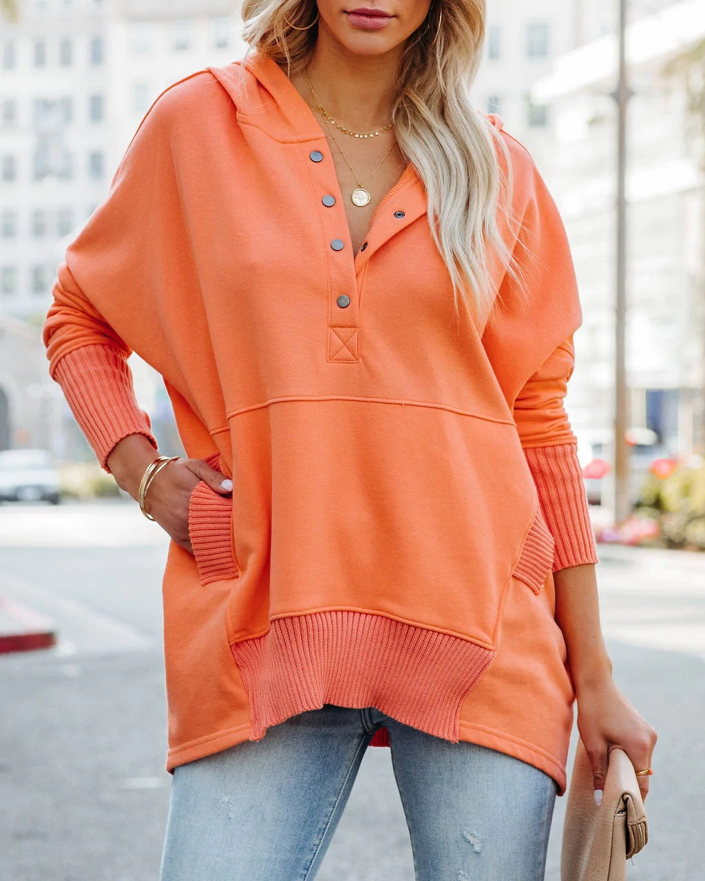 Casual hoodie for women with button placket and kangaroo pocket Lune London