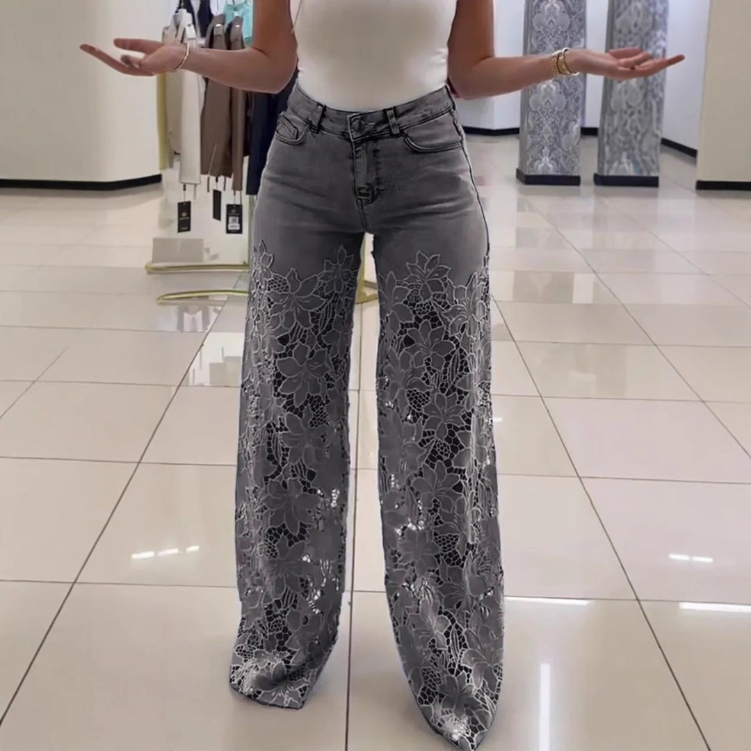 Women Elegant Wide Leg Jeans with Floral Lace Insert Lune London