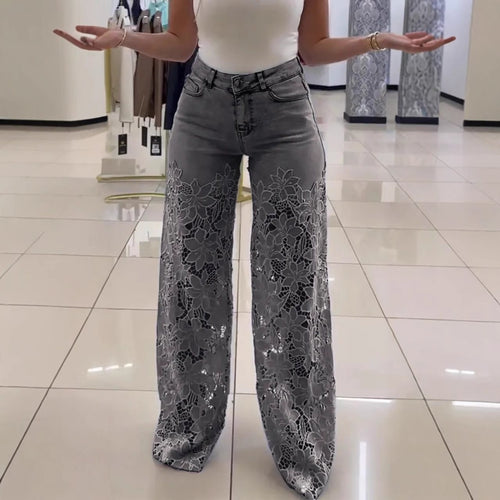 Women Elegant Wide Leg Jeans with Floral Lace Insert Amarae