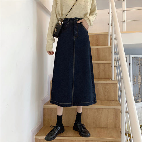 Jupe midi en denim pour femmes avec taille haute Chic & Stil
