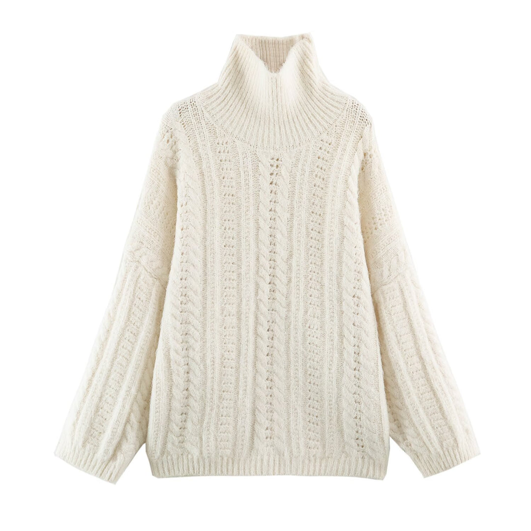 Women's Chunky Knit Oversized Sweater with High Turtleneck and Cable Pattern Amarae