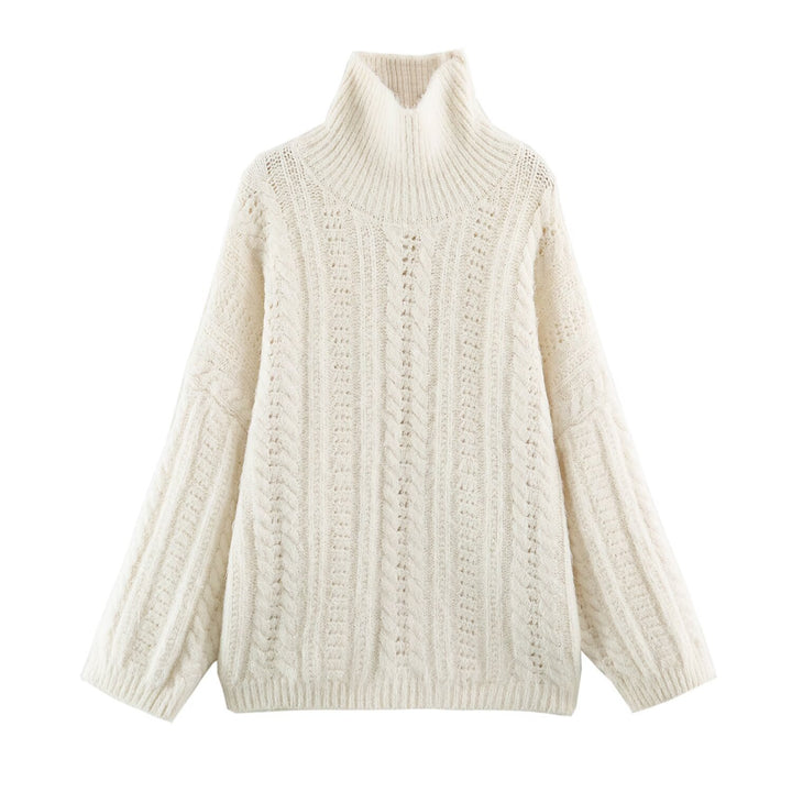 Women's Chunky Knit Oversized Sweater with High Turtleneck and Cable Pattern Amarae