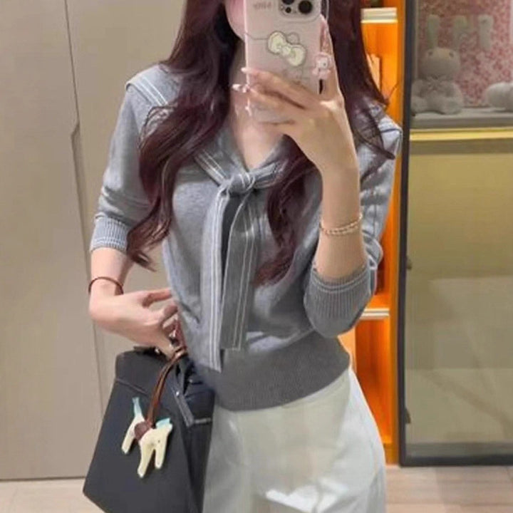 Pull femme élégant avec col à nœud et fine structure en tricot Lune London