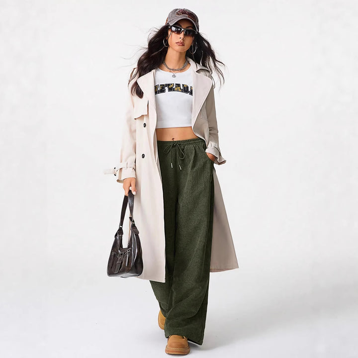 Women's Loose Cord Pants with Elastic Waistband, Drawstring, and Side Pockets Amarae