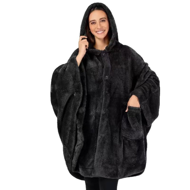 Ladies Comfortable Fleece Poncho with Hood and Practical Pockets Lune London