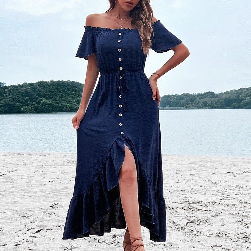 Maxi dress with off-the-shoulder neckline, button closure, and ruffled trim Lune London