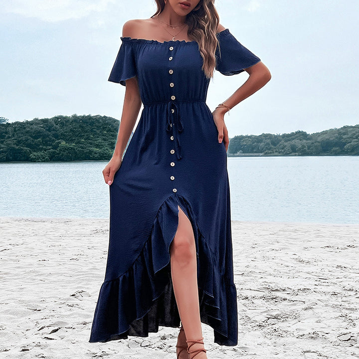 Maxi dress with off-the-shoulder neckline, button closure, and ruffled trim Lune London